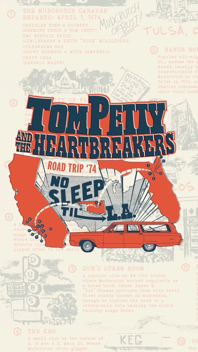 On April Fools Day 1974, a group of musicians called Mudcrutch and their families loaded their caravan and set out on a journey across the country from Gainesville, Florida to Los Angeles, California…and the rest was history. Follow along as we retrace the journey, highlighting some of the memorable stops along the way. Illustrations by Blaze Brooks