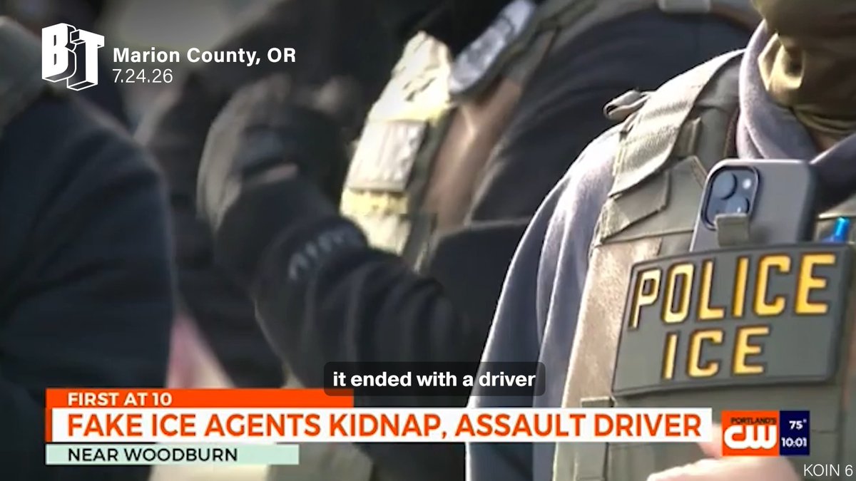 A person was detained and assaulted by a group of men impersonating ICE agents near Woodburn, Oregon on July 17, according to state police and the FBI who are investigating the attack. After being pulled over by an unmarked SUV flashing red and blue lights, the unidentified person was pulled from their car and placed into the SUV, where they were assaulted by a third man who claimed to be the “guard,” according to investigators. All three men were wearing facial coverings and tactical vests marked as police, and had fake law enforcement badges. The driver was held for around 20 minutes before they were released and drove themselves to the hospital, where they say they then received fraudulent text messages offering legal aid. Community organizers say this is not the first incident of ICE impersonators attacking residents, and that these crimes will continue as long as masked federal immigration agents are authorized to detain people without identifying themselves, showing warrants, or being held accountable for their operations.