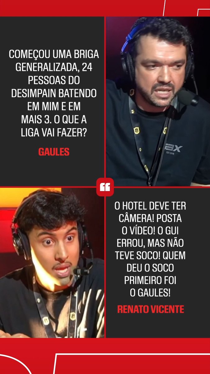 Representantes de clubes brasileiros do Mundial de Clubes da Kings League 2026 se envolveram em uma pancadaria generalizada no domingo (26). Gaules, presidente do G3X, e jogadores do Desimpain - atual campeão nacional - trocaram agressões dentro do hotel onde os clubes estão hospedados para a disputa do torneio em Milão, na Itália. De acordo com o presidente do G3X, a confusão foi iniciada pela delegação do Desimpain e acabou com um soco de Gaules em Gui GK, goleiro reserva do campeão brasileiro do último split. A resposta do Desimpain, por meio do presidente Renato Vicente, também saiu em live. O mandatário defendeu sua delegação e atacou Gaules. (Imagens: desimpedidosec/YouTube e gaules/Kick) #KingsWorldCupClubs #Gaules #KingsLeague