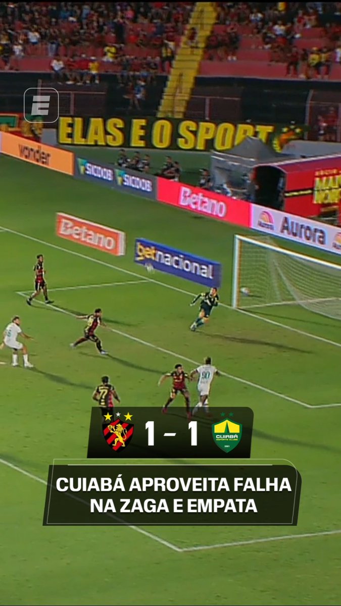 AÍ NÃO...😬 Fábio Gomes aproveitou falha na zaga do Sport e fez o gol de empate do Cuiabá. 👉 Assista a Sport x Cuiabá, AO VIVO, pela ESPN no Plano Premium do #DisneyPlus! #SérieBnaESPN #Sport #Cuiabá