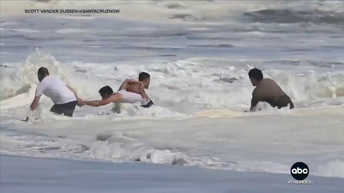 Lifeguards were forced to make dozens of water rescues as powerful waves pounded the CA coastline. At Seabright Beach, video shows a lifeguard overcome by water as he tried to save a young boy who was struggling in the rough surf. @whitjohnsontv reports.