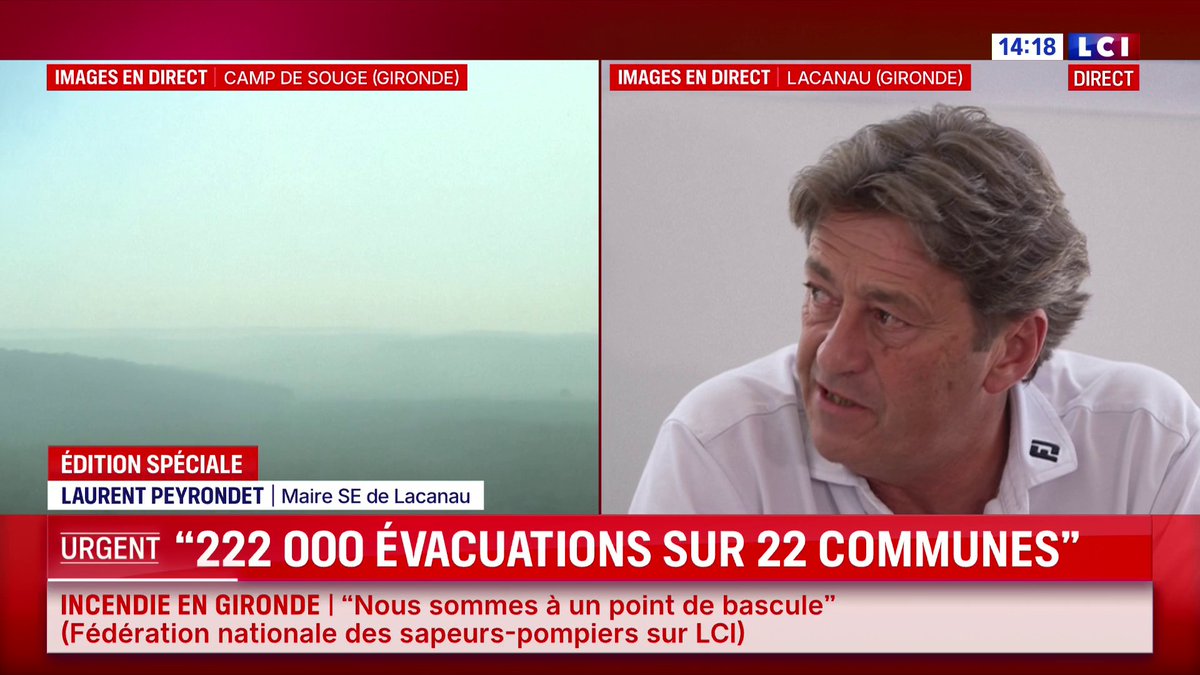 🔴 "On a beaucoup anticipé cette crise parce qu'on s'y était préparés avec mes équipes au scénario du pire, on ne pensait pas qu'il arrive aussi vite. (...) Le feu n'est pas fixé", explique le maire de Lacanau, Laurent Peyrondet