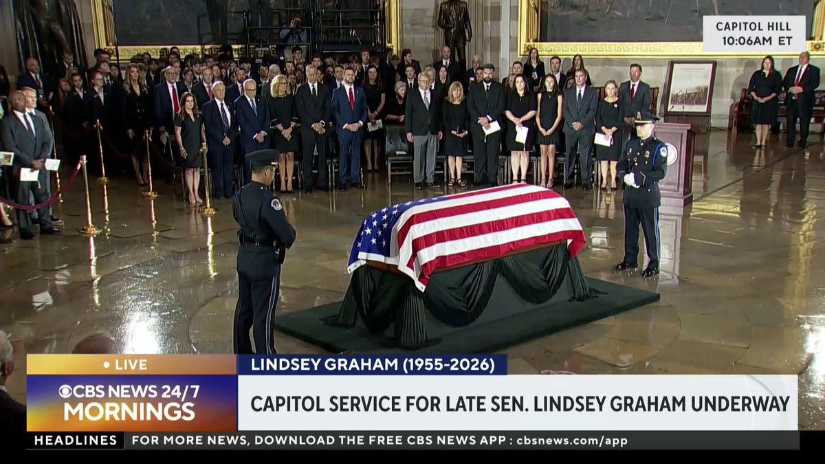 Sen. Lindsey Graham's casket is placed in the U.S. Capitol Rotunda on a simple wooden pedestal first used in wake of the assassination of former President Abraham Lincoln. Graham's remains were carried by an Armed Forces Body Bearer team to honor his Air Force service, followed by a U.S. Capitol Police memorial guard in a nod to his tenure in the Senate.