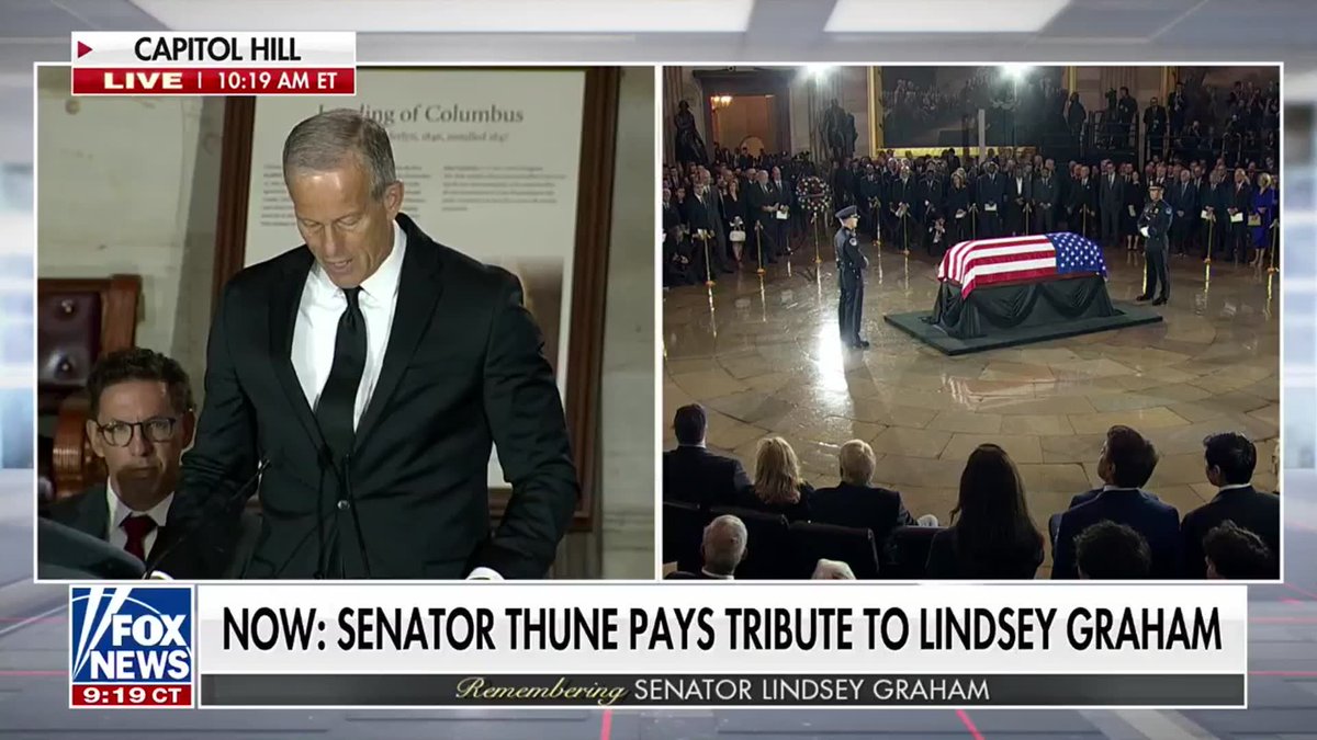 "Lindsey Graham saw injustice, and he spoke up — fearlessly." Senate Majority Leader John Thune honors the late Sen. Lindsey Graham, praising his unwavering commitment to the pro-life movement and Ukraine, saying, "It didn't matter whether an issue was popular or unpopular... If he believed he was in the right, he spoke up."