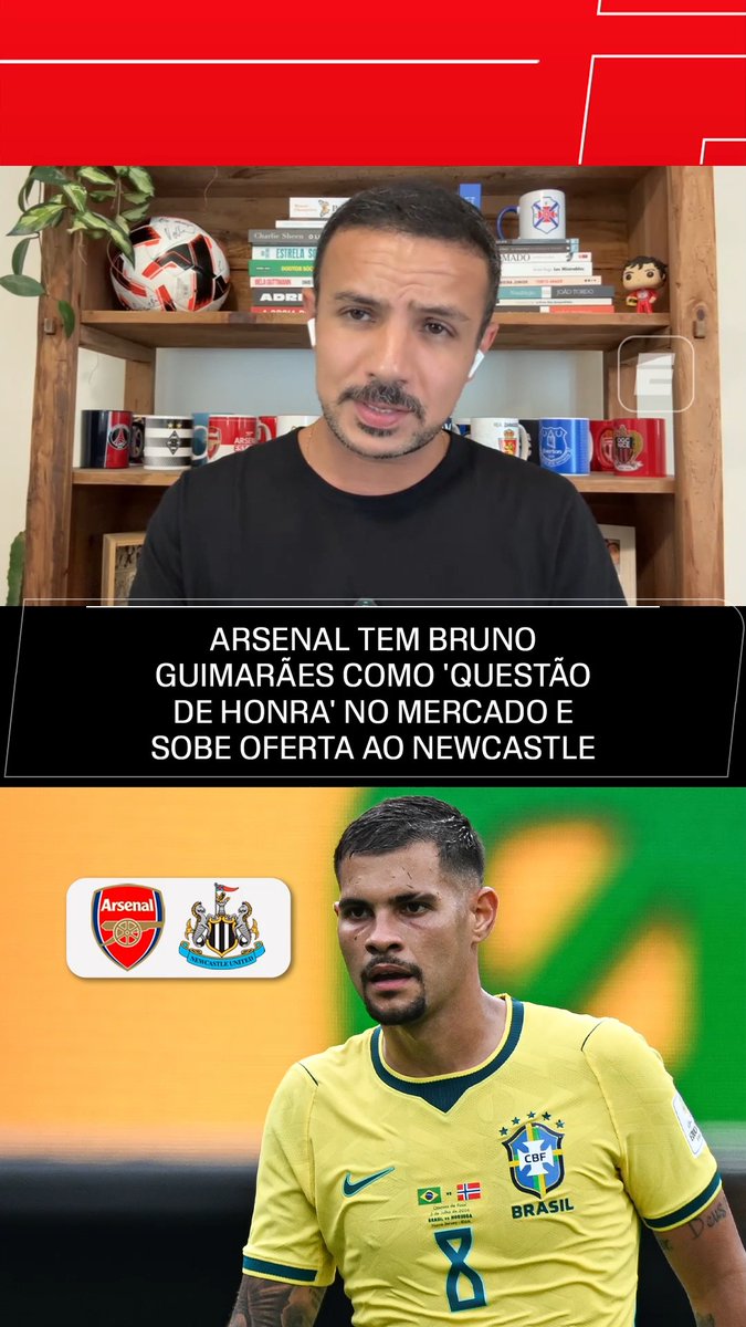 Bruno Guimarães virou questão de honra para o Arsenal! 👀 No Fala a Fonte, Bruno Andrade trouxe a informação de que os Gunners apresentaram uma nova proposta de 75 milhões de libras pelo volante brasileiro: 70 milhões fixos e 5 milhões em bônus. 💰🇧🇷 Apesar do otimismo entre as partes, a oferta ainda está abaixo do valor esperado pelo Newcastle. Os Magpies sabem que Bruno ficou balançado com a investida, mas o meio-campista não pretende forçar uma saída. 👉 Saiba TUDO do mercado da bola no Fala a Fonte, ao vivo de segunda a sexta no YouTube da ESPN Brasil! #FalaFonte #FutebolNaESPN #Newcastle #Arsenal #BrunoGuimaraes