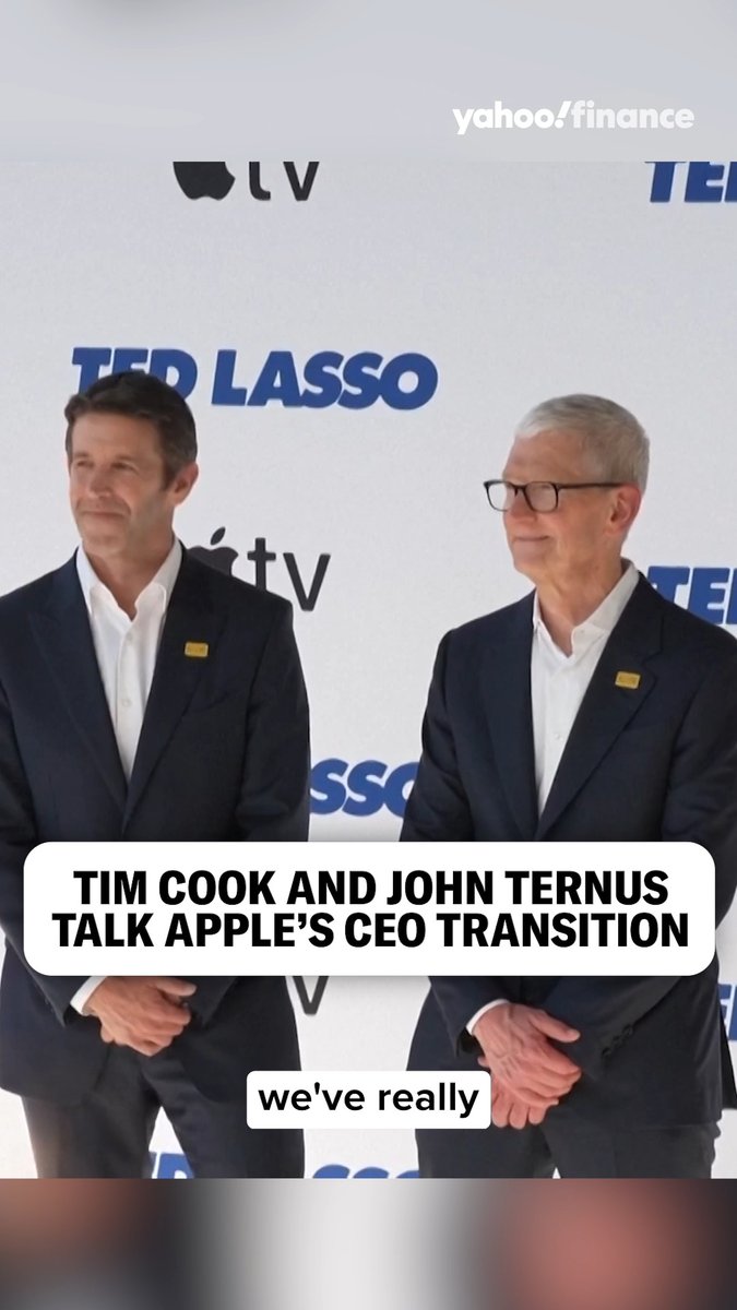 Apple CEO Tim Cook speaks with his successor John Ternus, on the red carpet for the premiere of the next season of Ted Lasso on Apple TV.