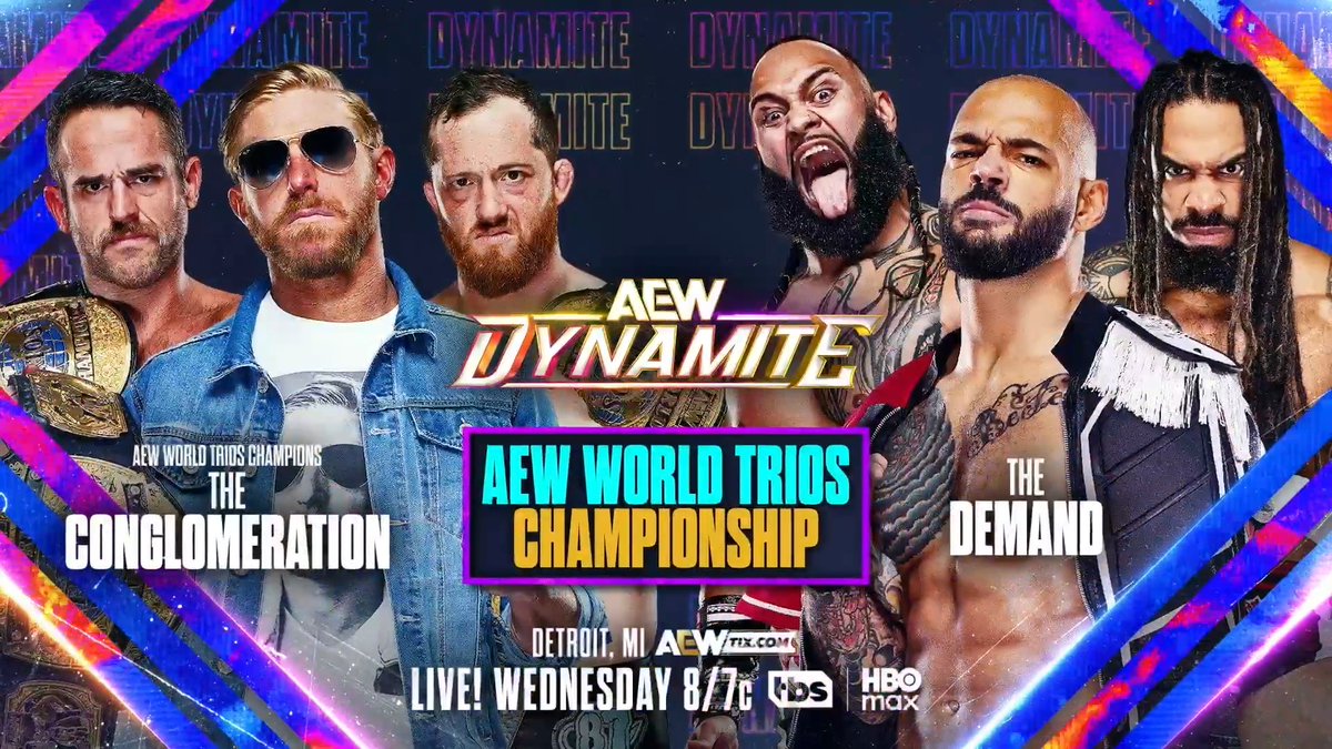 #AEWDynamite 8/7c, TBS & HBO Max Tomorrow, 7/29! AEW World Trios Title @OrangeCassidy/@KORCombat/@RoderickStrong vs Lightskin Kingpin/B I S H O P K A U N 🇨🇲/Toa Liona The Demand get their chance at The Conglomeration’s AEW World Trios Title, in Detroit TOMORROW!