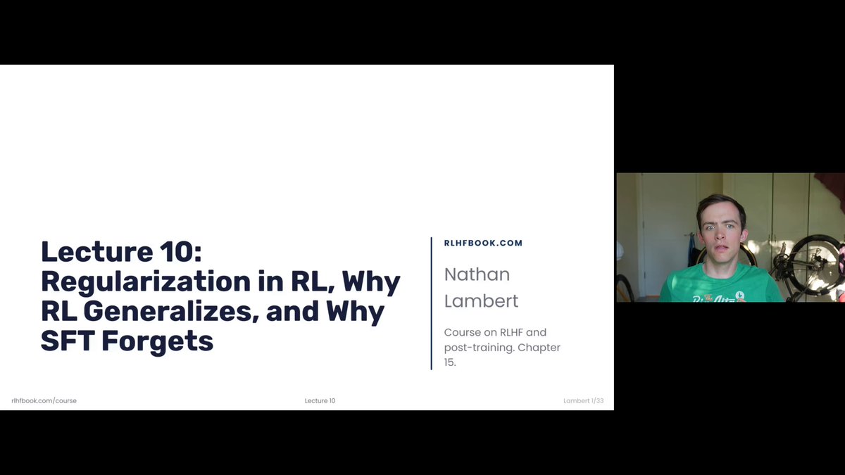 Lecture 10 of my course! Nominally on regularization in RL, so I discuss the evolving role of the KL penalty in RL, but also a set of nice RL papers that explain what RL helps models generalize better than SFT -- with theory supporting it. When going through these, it's so interesting how seasonal problems in ML are. Lots of problems from controlling reward models overopt will rhyme as we try to control rubrics for agents. 00:00 Intro & the role of regularization 02:50 The KL penalty in RL 10:53 RL as a reverse KL loss 21:09 Why RL generalizes better than SFT 25:15 Other regularization tools Just a few videos left as I get to the end of the course. Thanks all, and keep sending questions. Spread the word if you have a second.