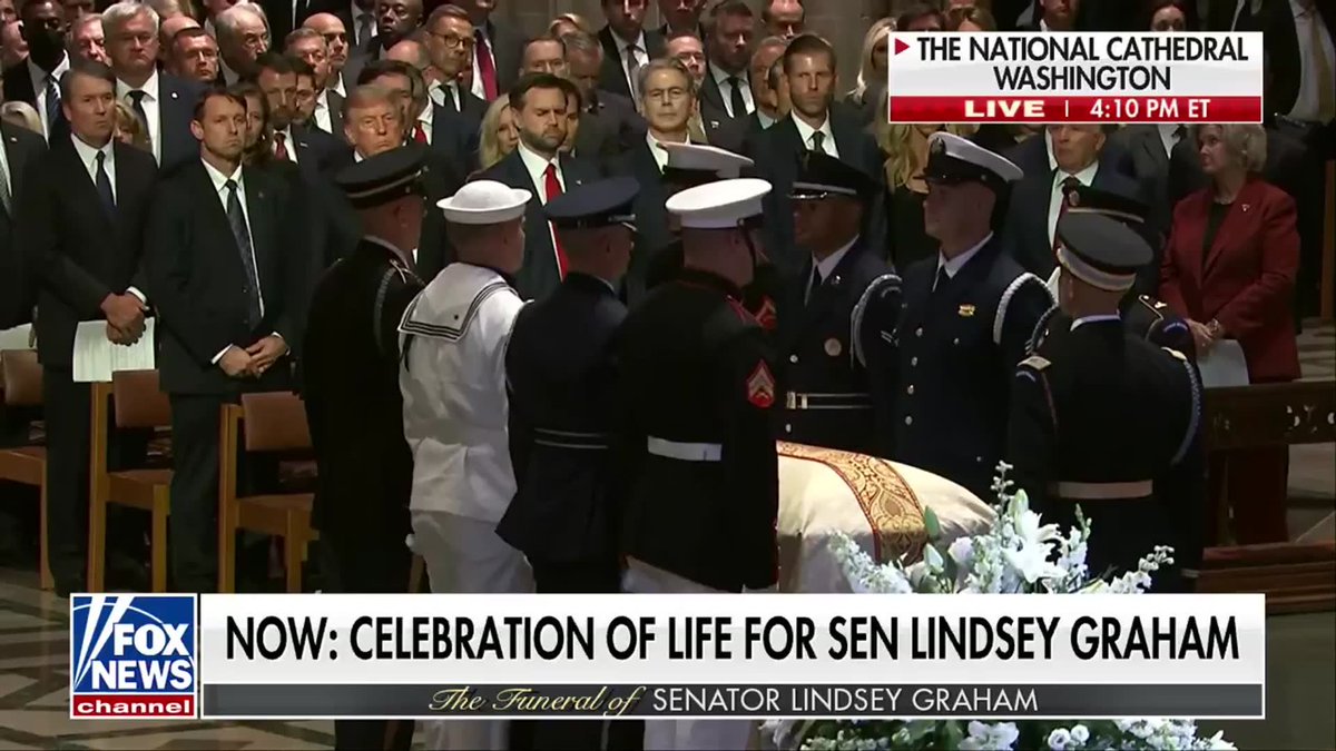 WATCH: Lindsey Graham's casket is carried out of the Washington National Cathedral following a moving memorial service attended by President Trump, Cabinet members, and world leaders. Memorial services will continue in South Carolina on Wednesday, featuring a final visit to the South Carolina State House and a funeral service at the First Baptist Church of Columbia.