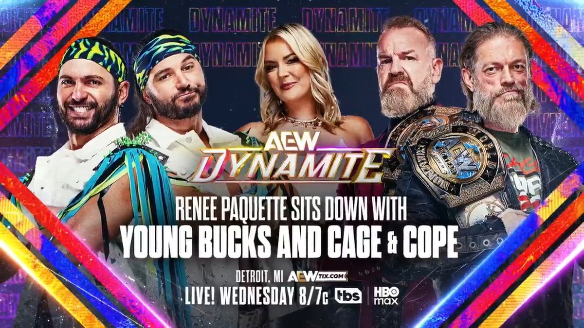 #AEWDynamite 8/7c, TBS &amp; HBO Max Tomorrow, 7/29! Renee Paquette Sits Down with AEW World Tag Team Champions Jay 'Christian' Reso/Adam Copeland &amp; @YoungBucks With their title match official for #AEWAllIn London, the champions and challengers will sit down together, TOMORROW!