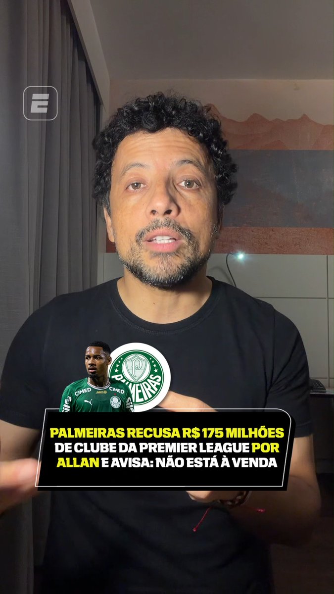 A ESPN apurou que o Aston Villa sinalizou ao Palmeiras uma proposta de até 30 milhões de euros (R$ 175,6 milhões) por Allan. Porém, apesar da alta quantia em dinheiro, o Alviverde recusou a investida imediatamente, dizendo que o jogador, de 22 anos, não está à venda. #FutebolNaESPN #Palmeiras