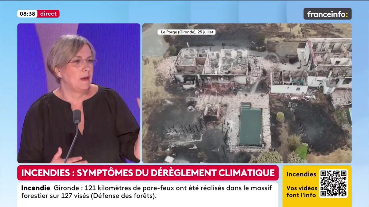 🔴 Incendies en Gironde ➡️ "Si l’étincelle n’est pas produite par l’humain, ça aurait été par la foudre, vu l’état de sécheresse de nos massifs forestiers, il fallait s’attendre à avoir des feux", estime Françoise Vimeux, climatologue et directrice de recherche à l'IRD