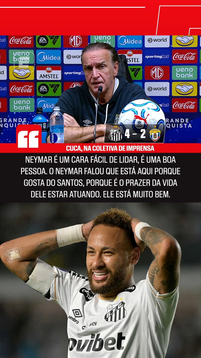 “Neymar é um cara muito fácil de lidar. É uma boa pessoa. Perguntei para ele qual era o anseio dele até o fim do ano. Ele falou que está aqui porque gosta do Santos, de jogar, que é o prazer da vida dele…” 🎙️ Cuca. 🎥 ESPN Brasil | SportsCenter Brasil