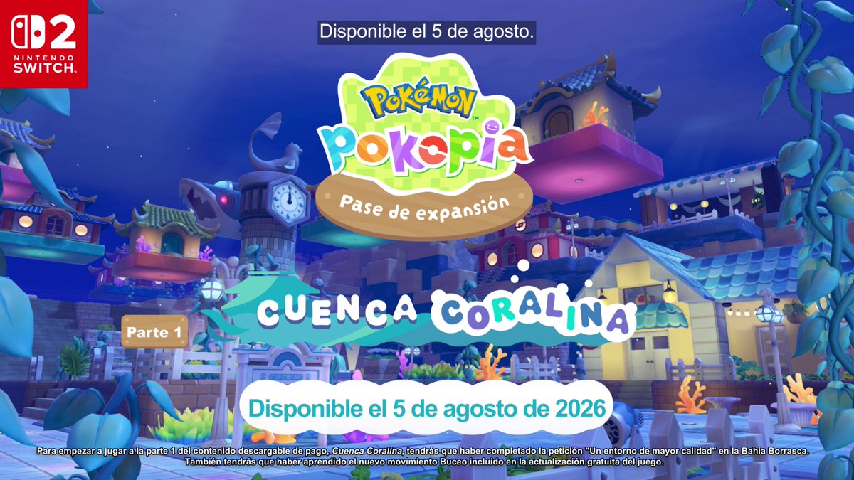 Respira hondo, relájate y sumérgete en las profundidades de la Cuenca Coralina. 🫧🤿 El 5 de agosto de 2026 llega Cuenca Coralina, la parte 1 del pase de expansión de #PokemonPokopia, un contenido descargable de pago.