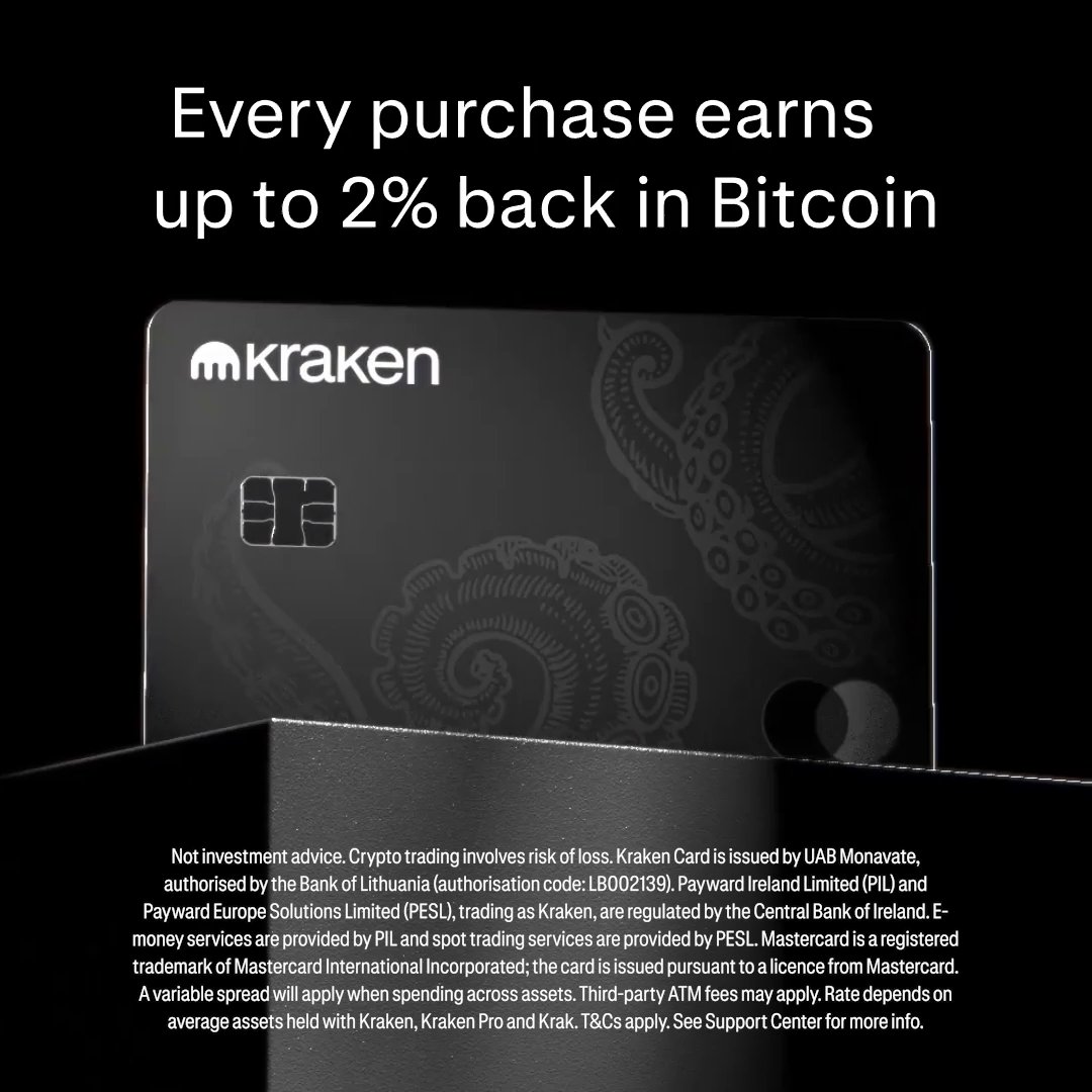 Put your crypto to work with the Kraken Card. 💳 Spend what you trade, earn up to 2% cashback in BTC or cash, and pay zero fees across 600+ currencies. Get yours 👉 Geo restrictions apply.