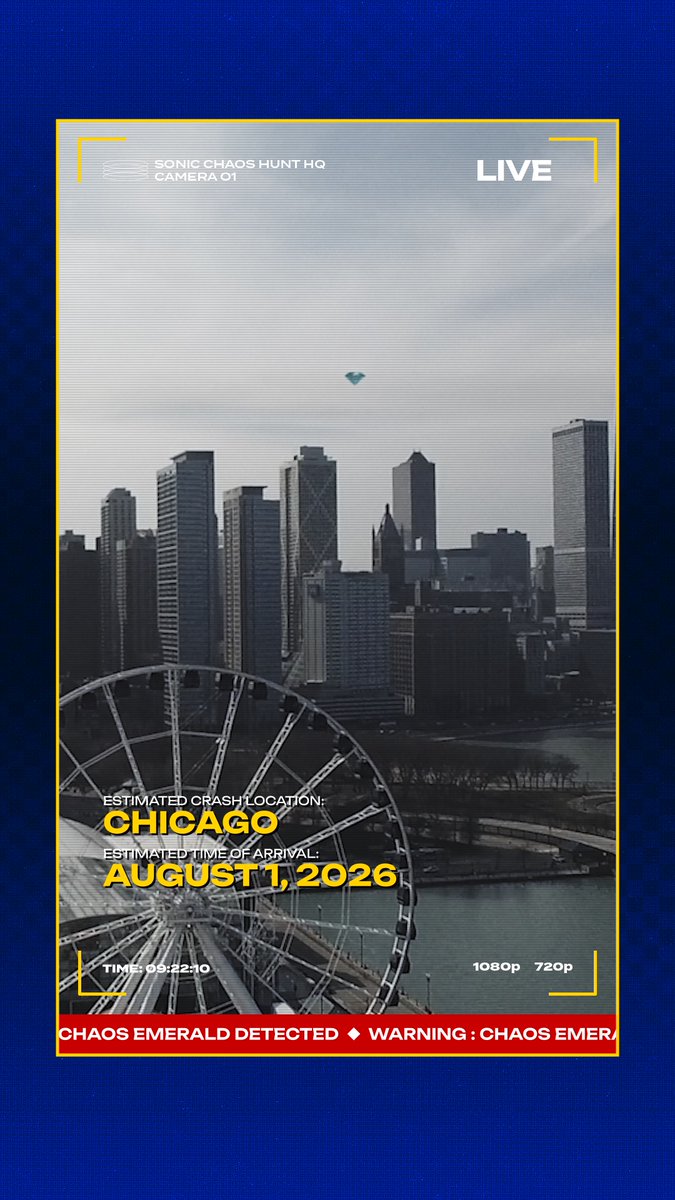 A Chaos Emerald was seen flying over Chicago and is expected to land on Saturday, August 1st. The Sonic Squad needs all of the support they can get to ensure Club Chaos can be up and running in time for Sonic’s 35th Celebration! Join the Chaos Hunt: