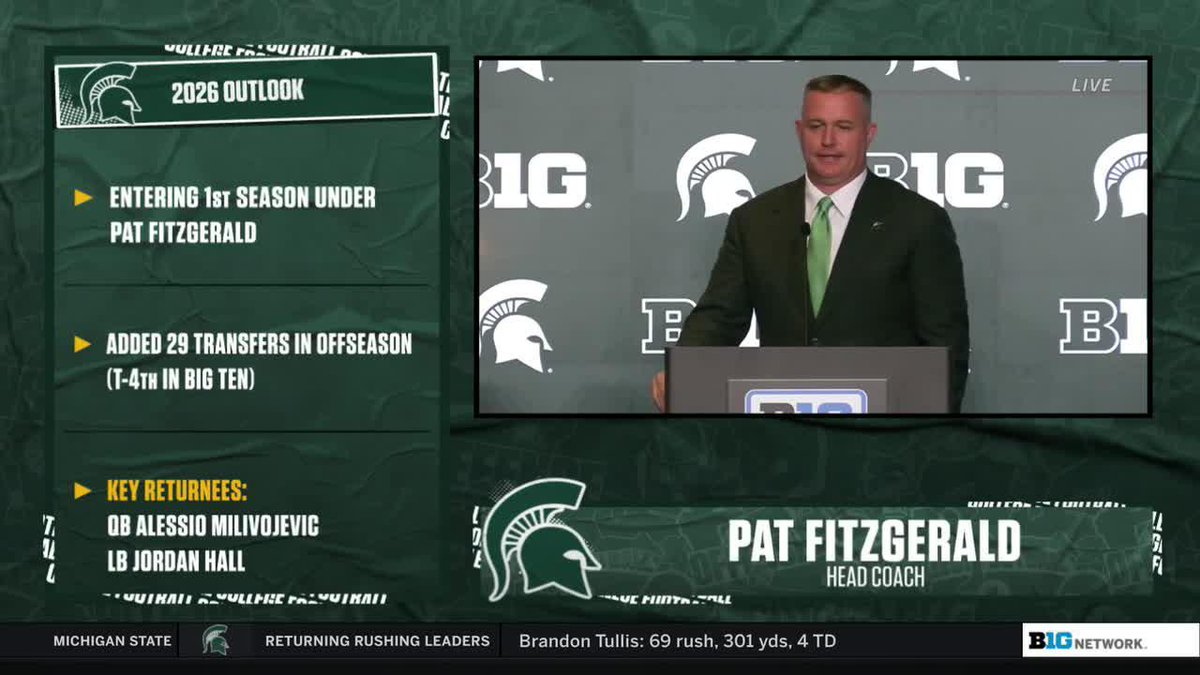 "My emotions are irrelevant. I've been entrusted with the leadership position of one of the most successful and historical football programs in the country, and it's a great honor." 🗣️ Pat Fitzgerald is focused heading into the '26 season with the Spartans 📺: Big Ten Network