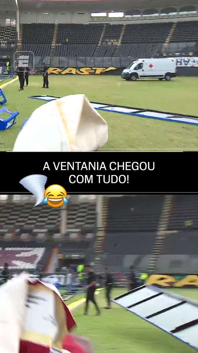 A VENTANIA CHEGOU COM TUDO! 🌪️😂 Rodrigo Jufo flagrou o momento em que o vento decidiu aparecer e bagunçar tudo no campo. #FutebolNaESPN