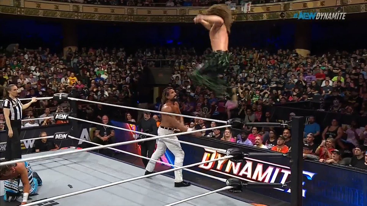 All three men go CRASHING onto the floor! Watch #AEWDynamite LIVE on TBS &amp; HBO Max