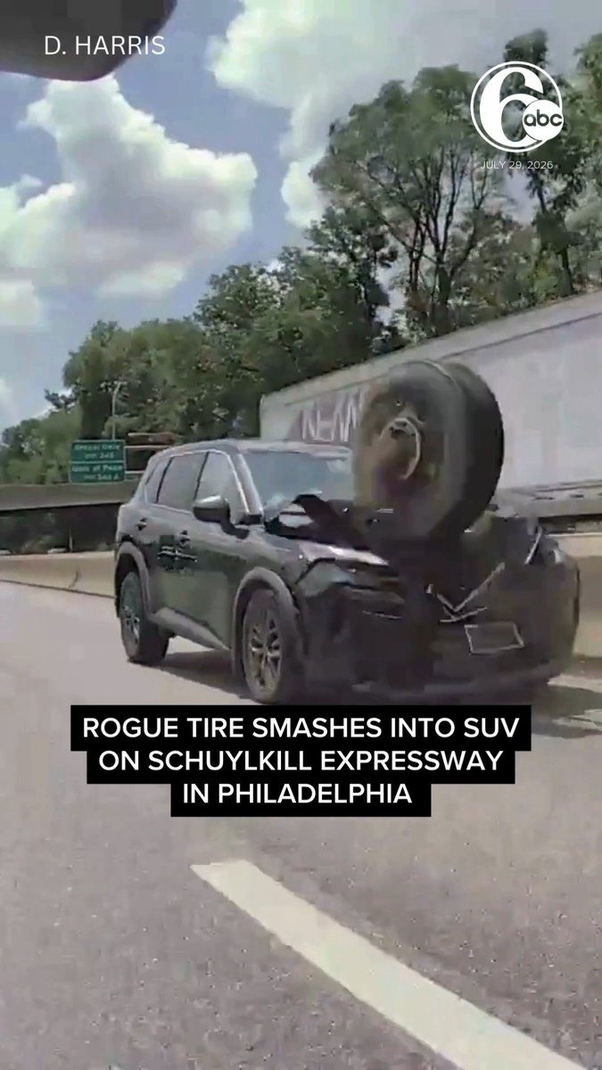 Dashcam video captured a loose tire rolling along Interstate 76 in Philadelphia before it slammed into an SUV.