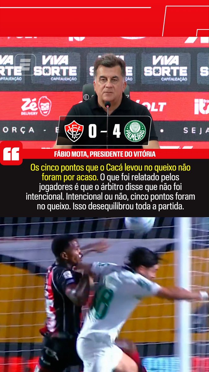 🚨 AGORA! Pronunciamento de Fábio Mota, presidente do Vitória, após a derrota por 4 a 0 para o Palmeiras: “Ainda bem que o Brasil viu o jogo.” “Passamos por isso no ano passado com o Flamengo, estamos acostumados. É difícil fazer futebol no Nordeste.” “É muito lamentável. Em protesto, não vamos fazer coletiva com o treinador nem zona mista. Vamos fazer a representação. Parabéns aos envolvidos por tudo que aconteceu.” 🎥 ESPN Brasil | SportsCenter Brasil