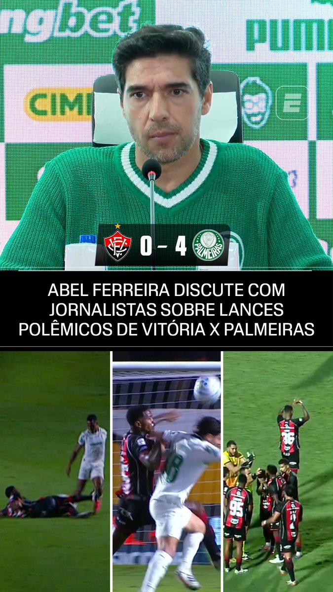 O CLIMA FICOU QUENTE! 😳🔥 Durante a coletiva de imprensa após a goleada do Palmeiras por 4 a 0 sobre o Vitória, Abel Ferreira discutiu com um jornalista que perguntou sobre os lances polêmicos da partida. Durante o jogo, Maurício cometeu falta em Cacá e recebeu apenas cartão amarelo; Cacá fez falta em Jhon Arias e foi expulso com cartão vermelho; e Luan Cândido, após fazer um gesto de roubo direcionado à arbitragem, também acabou expulso. #FutebolNaESPN #Palmeiras #Vitória #AbelFerreira