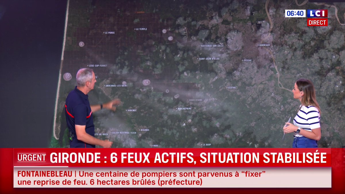 🔴 Gironde : 6 feux actifs, situation stabilisée Où se situent les feux ? Le lieutenant-colonel David Annotel nous les montre sur la carte ⤵️ 📺 Matinale LCI présentée par Solenn Riou