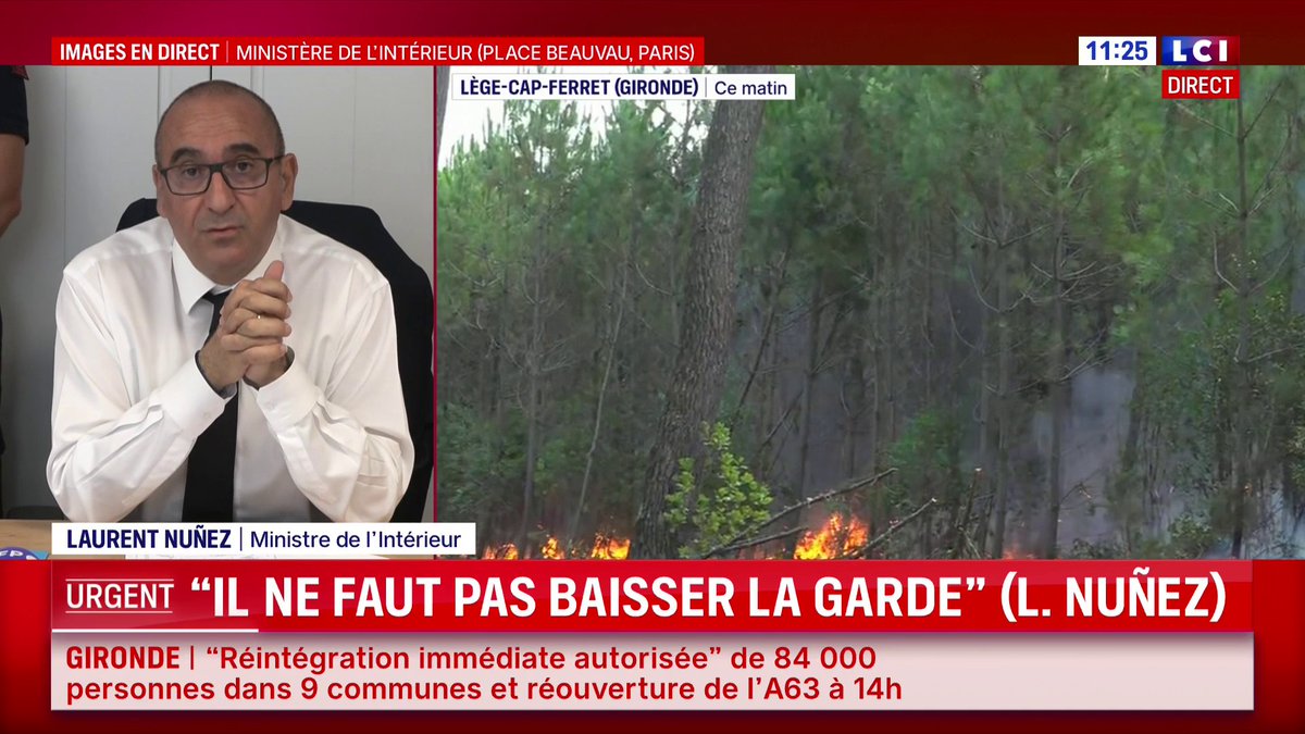 🔴🗣️ "On maintient le même niveau, très élevé, d'engagement sur la Gironde : 3 300 sapeurs-pompiers, 1 500 militaires, 1 250 policiers et gendarmes et 24 moyens aériens" : Laurent Nuñez sur LCI