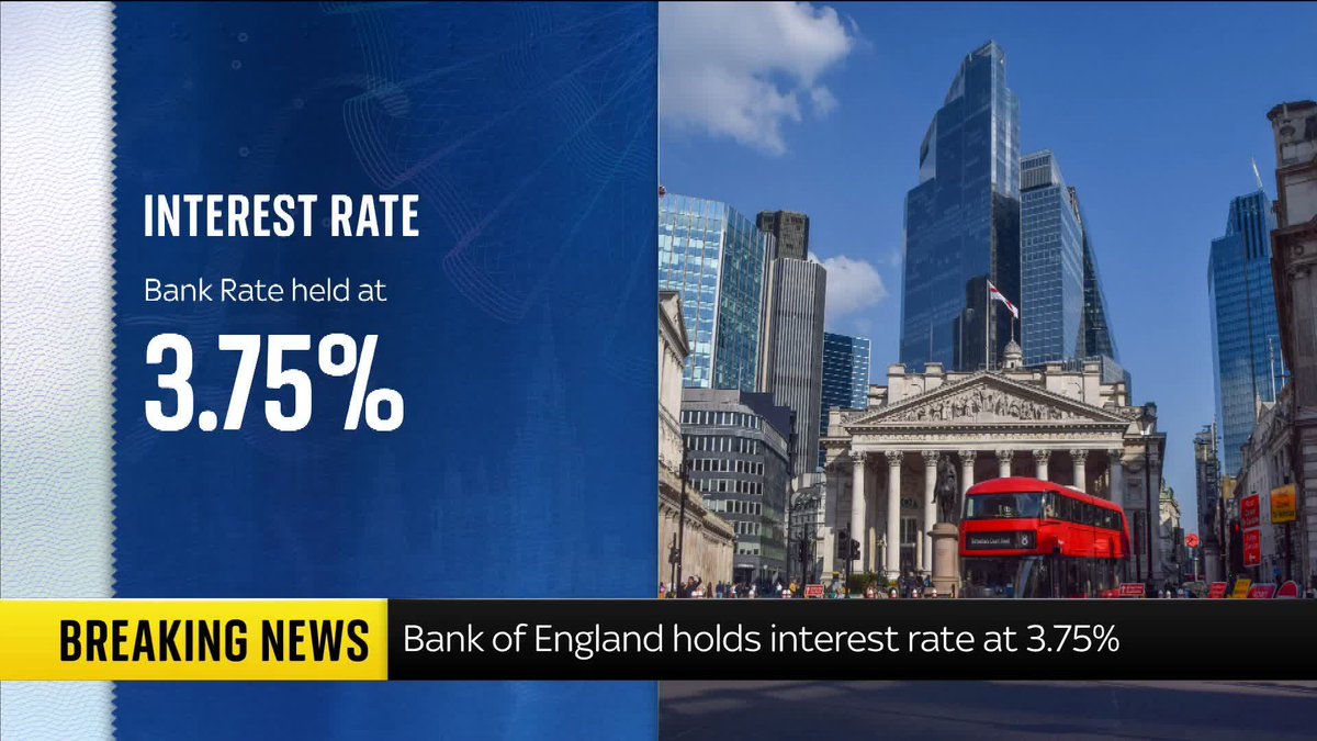 BREAKING: The Bank of England has held interest rates at 3.75% for the fifth time in a row. 📺 Sky 501 and YouTube