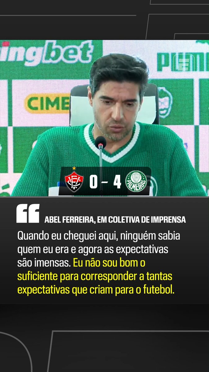 “Quando cheguei aqui, ninguém sabia quem eu era e agora as expectativas são imensas. Eu não sou bom o suficiente para corresponder a tantas expectativas que criam.” 🎙️ Abel Ferreira, após Vitória 0x4 Palmeiras. 🎥 ESPN Brasil | SportsCenter Brasil