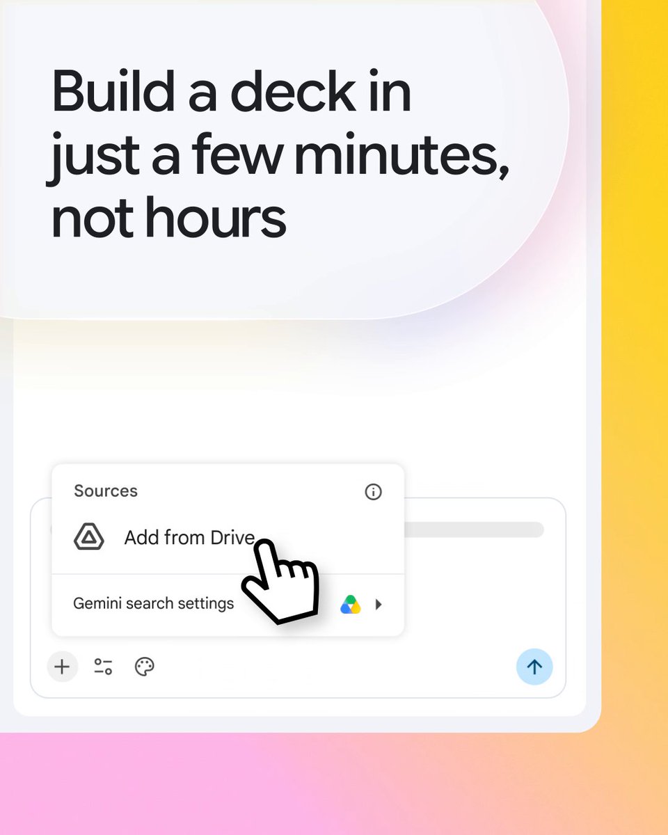 Build fully editable presentations with Gemini in Google Slides. Gemini pulls reference files from other Workspace apps to create any deck you need in minutes, and even suggests additional files for extra context. Try it today →