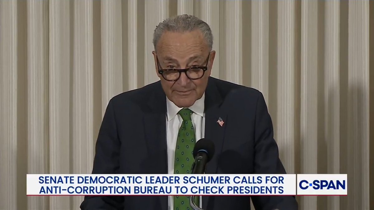 .Chuck Schumer introduces the Anti-Corruption Bureau Creation Act to create an agency to investigate corruption: "Just because Trump stole Americans' money doesn't make it his... Americans deserve to get that money back."
