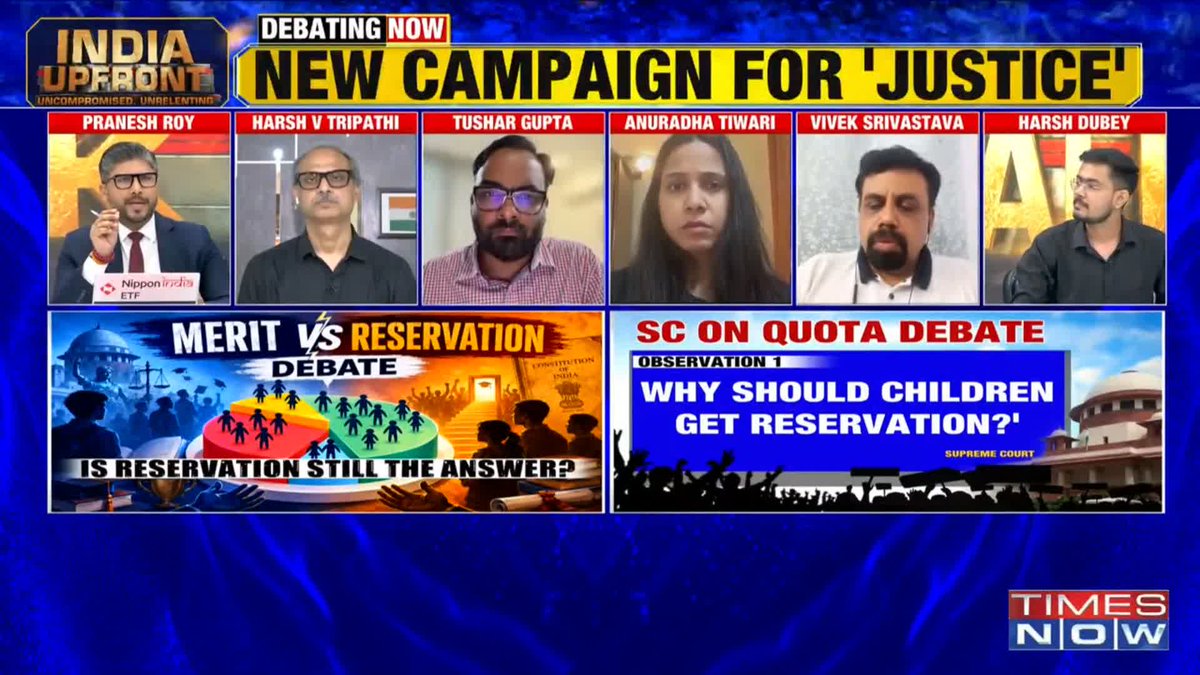 Merit Vs Reservation Debate It is about votebank politics. The majority of the voting population doesn't want to do away with reservations. It is an unfortunate reality...: Tushar Gupta The question is, does the OBC community need reservations...: हर्ष वर्धन त्रिपाठी 🇮🇳Harsh Vardhan Tripathi tells @RoyPranesh