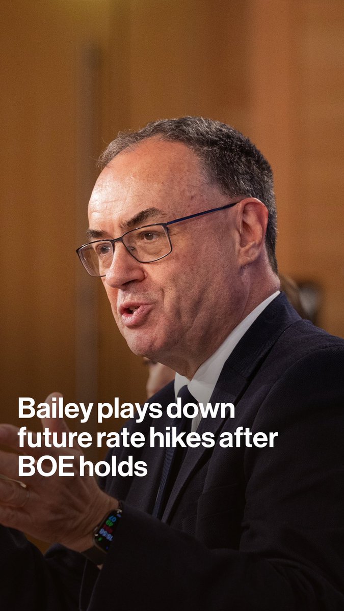 "We're living in a world of huge uncertainty." Governor Andrew Bailey plays down the prospect of future interest rate hikes after the Bank of England held steady at 3.75%
