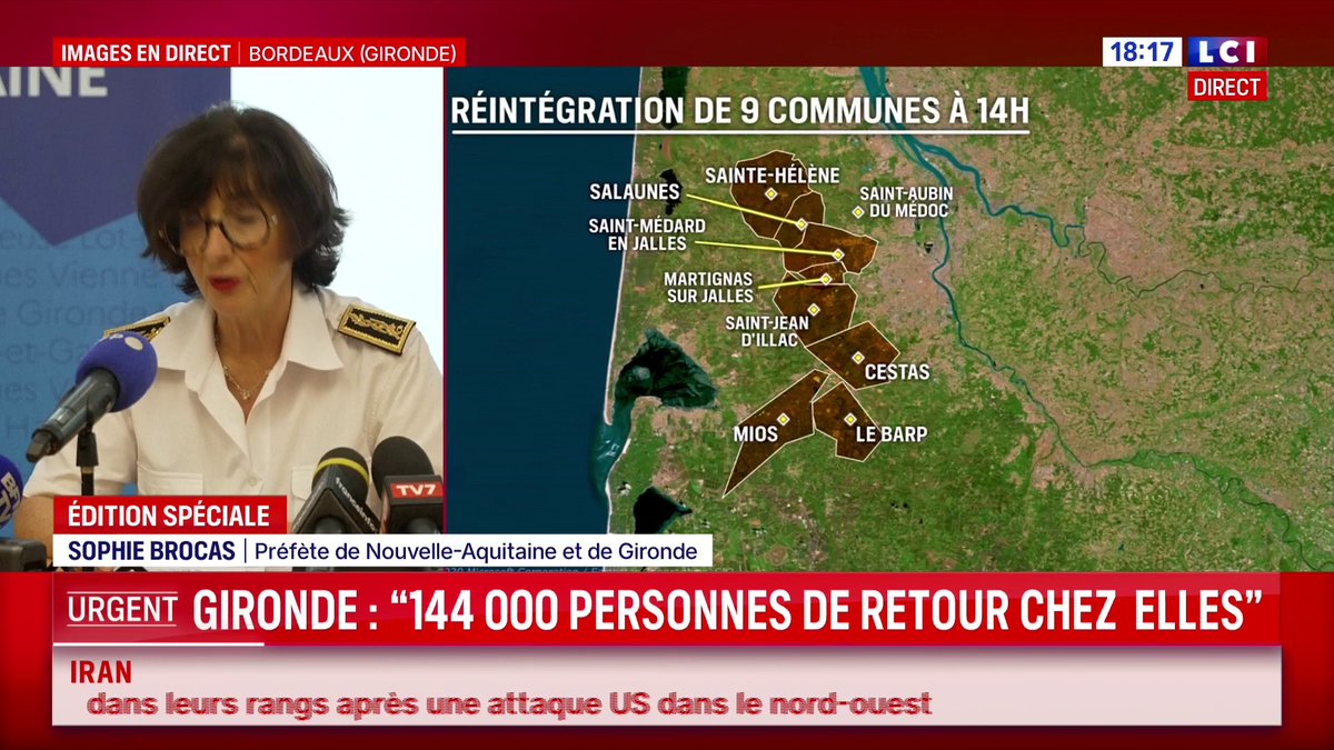 🔴 Feu en Gironde : "Deux points sont encore actifs : au sud de Lacanau, très difficile d’accès, et à Claouey, au nord du Cap Ferret. La presqu'île reste toujours inaccessible" 🗣️ Sophie Brocas, préfète de Nouvelle-Aquitaine et de Gironde