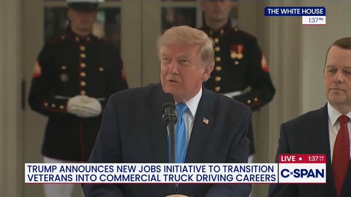 President Trump on new job initiative to transition military veterans into commercial truck driving: "Any veteran with a heavy vehicle experience from the military will now be eligible to skip redundant road tests to obtain a commercial driver's license."