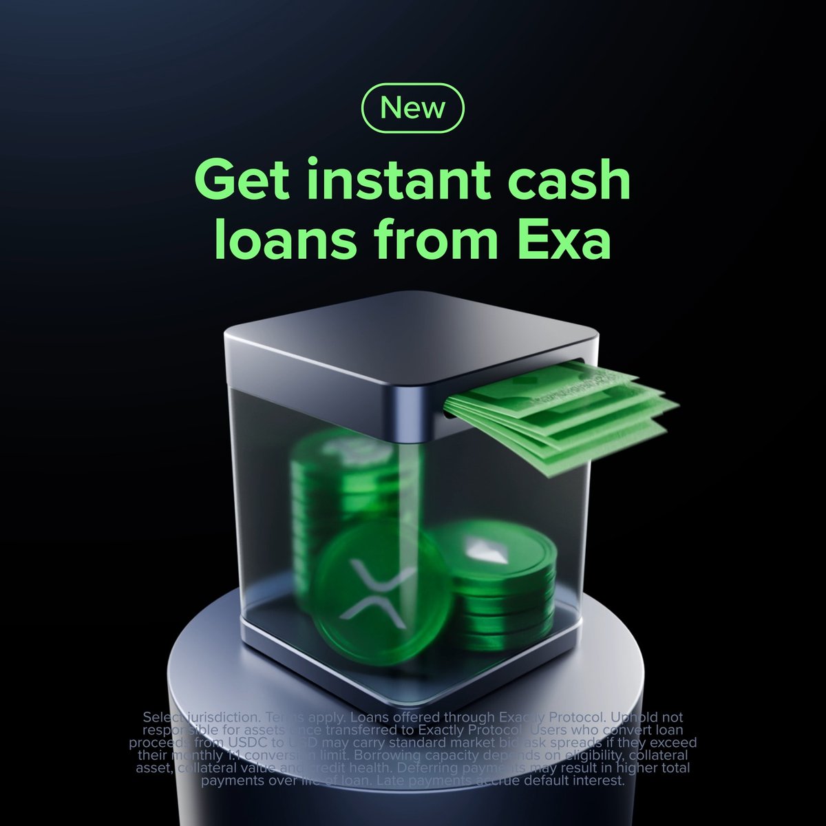Turn your crypto into instant cash 📲 Borrow against your BTC, ETH, or XRP without selling your assets. Loans offered through the Exactly Protocol. Get cash deposited straight into your Uphold account instantly. No credit check, no waiting. → Use cash to spend or withdraw → Shorter loan terms = better rates → Repay early with no penalty → Defer your loan & interest payments as needed Get started in the Uphold App. Select jurisdictions. Terms apply. Loans offered through Exactly Protocol. Uphold not responsible for assets once transferred to Exactly Protocol. Users who convert loan proceeds from USDC to USD may carry standard market bid/ask spreads if they exceed their monthly 1:1 conversion limit. Borrowing capacity depends on eligibility, collateral asset, collateral value and credit health. Deferring payments may result in higher total payments over life of loan. Late payments accrue default interest.