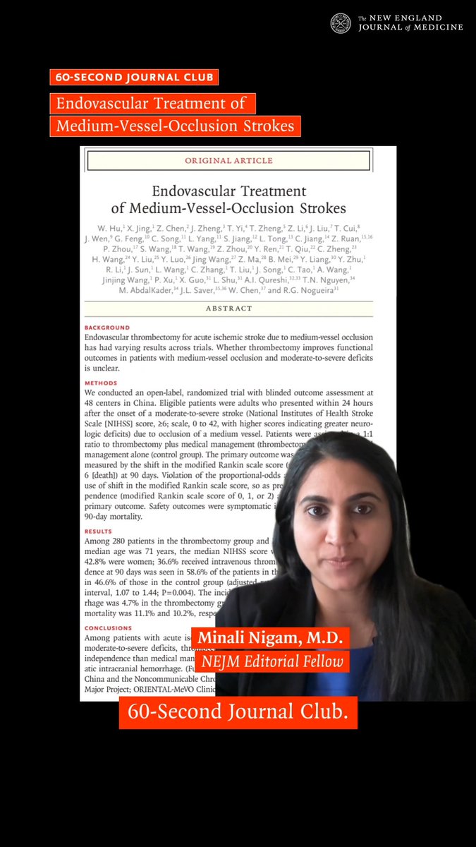 NEJM Editorial Fellow Minali Nigam, MD, shares the key results of the ORIENTAL-MeVO trial, which investigated whether endovascular thrombectomy for acute ischemic stroke improves functional outcomes in patients with medium-vessel occlusion and moderate-to-severe deficits. Read the full trial results: