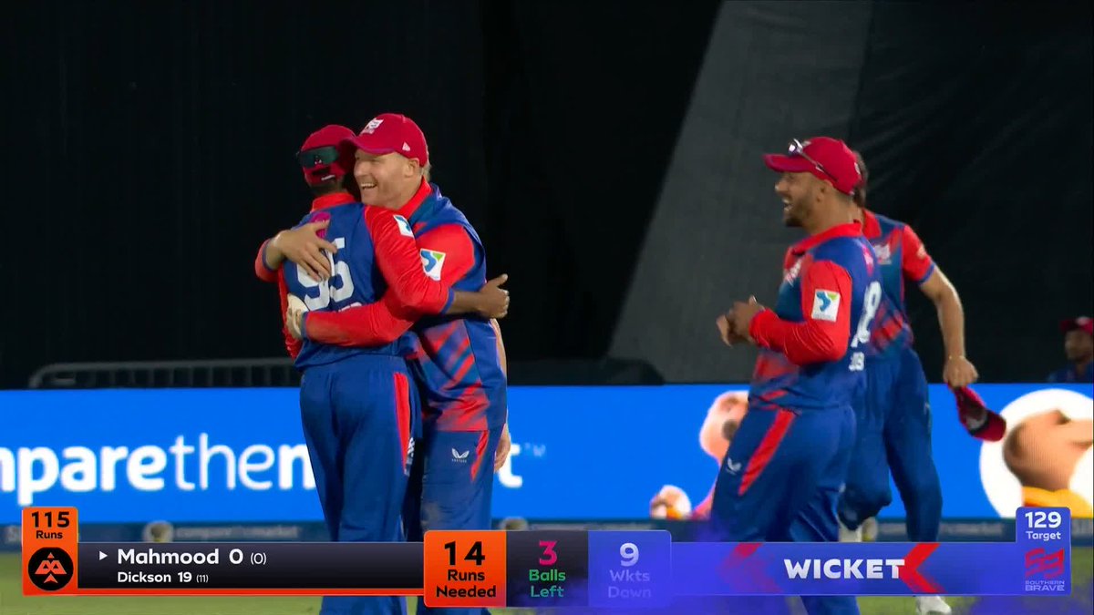 DIRECT HIT! 💥 A brilliant throw by Adil Rashid for Southern Brave, who take their third wicket in three balls to seal their first victory of the season 👏