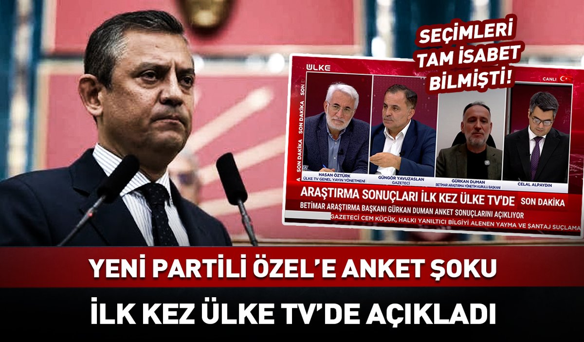 Yeni Parti'ye anket şoku! İsabetli sonuçlarıyla ses getiren BETİMAR Yeni Parti sonrası yapılan anket sonuçlarını ilk kez ÜLKE TV canlı yayınında açıkladı -AK Parti: %35,8 -Yeni Parti: %19,3 -CHP: %9,4 -MHP: %8,8 -HDP: %8,8