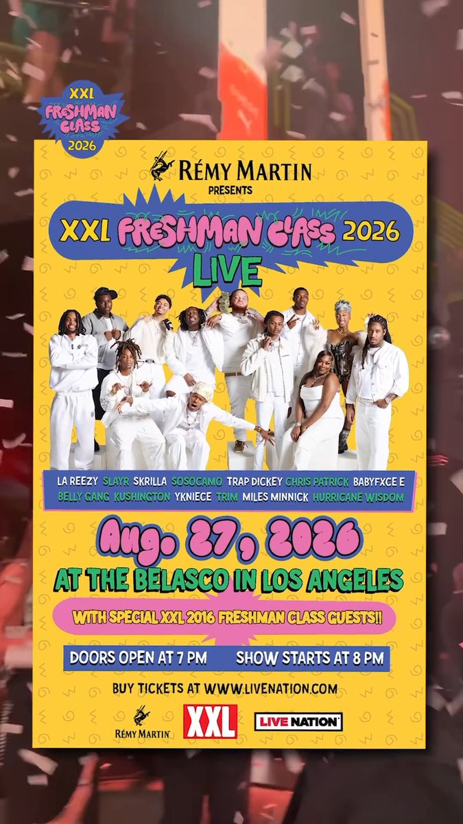 The 2026 XXL Freshman Class is coming to Los Angeles for one massive live show. 🔥 Skrilla, Sosocamo, Trap Dickey, Chris Patrick, Babyfxce E, Belly Gang Kushington, YKNiece, Trim, Miles Minnick and Hurricane Wisdom will hit the stage at the Belasco Theater on Thursday, Aug. 27. Presented by Rémy Martin Cognac US, the night will also feature special appearances from members of the iconic 2016 XXL Freshman Class. Doors open at 7 p.m. Show starts at 8 p.m. Get your tickets now at 🎟️