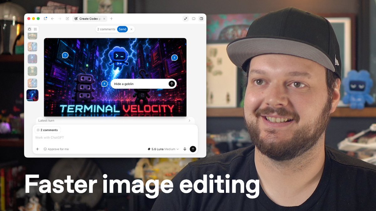 A picture may be worth a thousand words, but editing one shouldn’t take a thousand-word prompt. Point at a character. Erase what should disappear. Comment where the title should change. Here’s the new image editing workflow in ChatGPT and Codex on desktop.