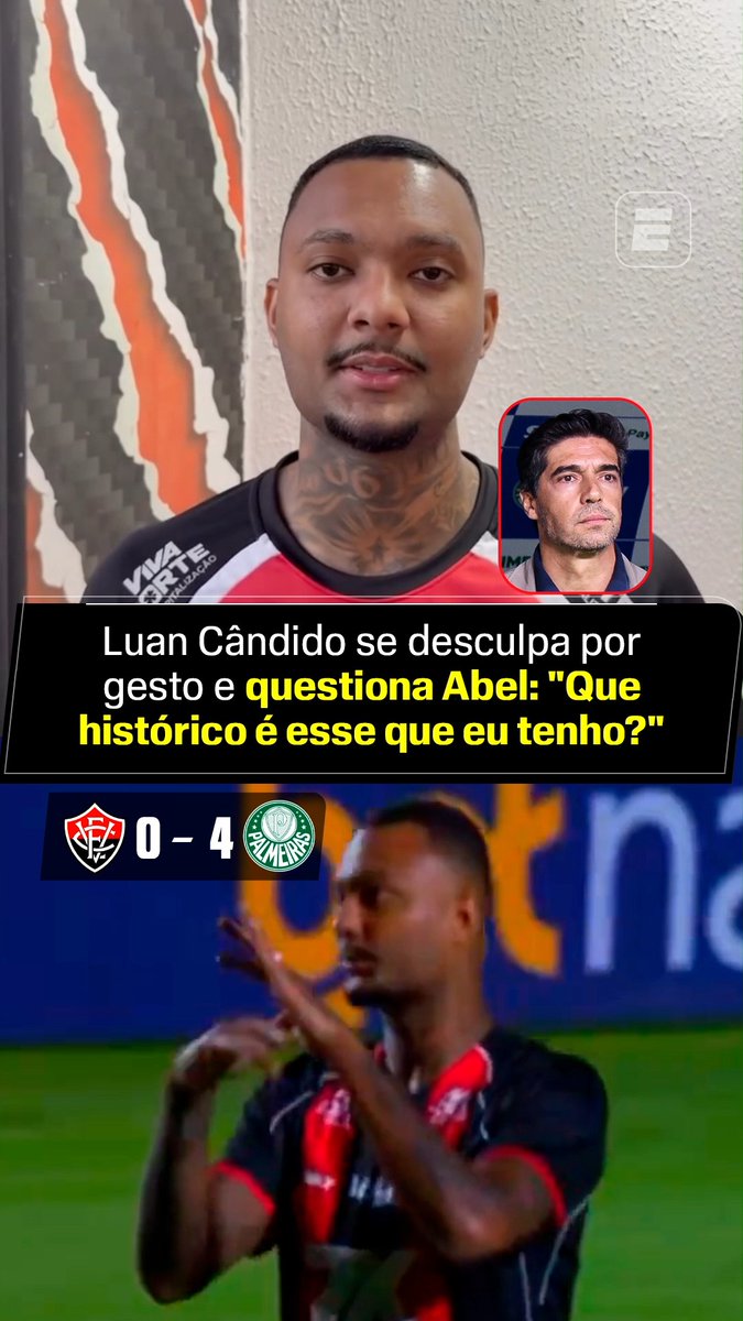 Após a goleada fora de casa contra o Vitória por 4 a 0, o técnico Abel Ferreira, do Palmeiras, comentou a expulsão de Luan Cândido: "Conheces o histórico do Luan Cândido? Aquele gesto é claro, muito claro." Nesta quinta-feira, o jogador do Vitória se desculpou pelo gesto que fez contra a arbitragem e pediu explicações do treinador palmeirense sobre a declaração. 🎥: IG/luan06almeida #FutebolNaESPN
