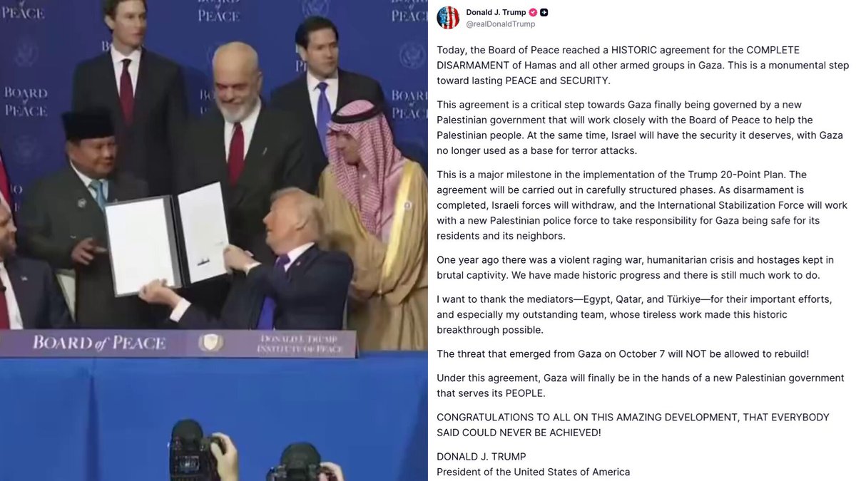 🚨 WOW! In a major announcement, President Trump's Board of Peace has just achieved an agreement for the FULL DISARMAMENT of Hamas and "other armed groups in Gaza" "Under this agreement, Gaza will finally be in the hands of a new Palestinian government that serves its PEOPLE." "Israeli forces will withdraw, and the International Stabilization Force will work with a new Palestinian police force to take responsibility for Gaza being safe for its residents and its neighbors." THE PEACE PRESIDENT 🇺🇸