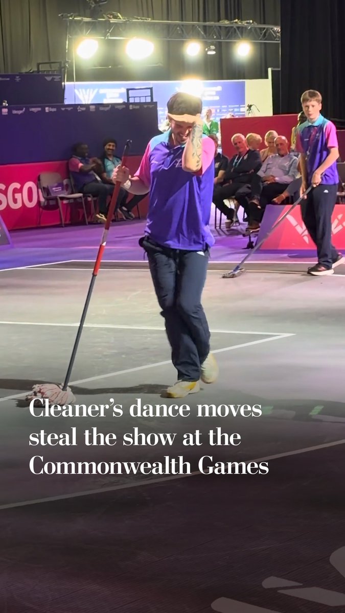 CJ Miller, a cleaner at the Glasgow Commonwealth Games, stole the show with his worming and splits, done with his brilliant dance partner — his trusty mop.