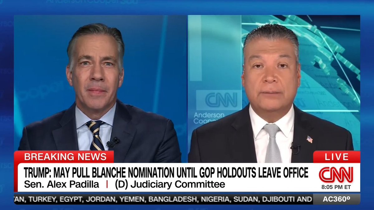 Senate Judiciary Committee member Alex Padilla says it's clear the president would rather pull his own attorney general nominee than put to bed the controversial anti-weaponization fund. "Todd Blanche has been, and continues to be, Donald Trump's personal lawyer," he adds.