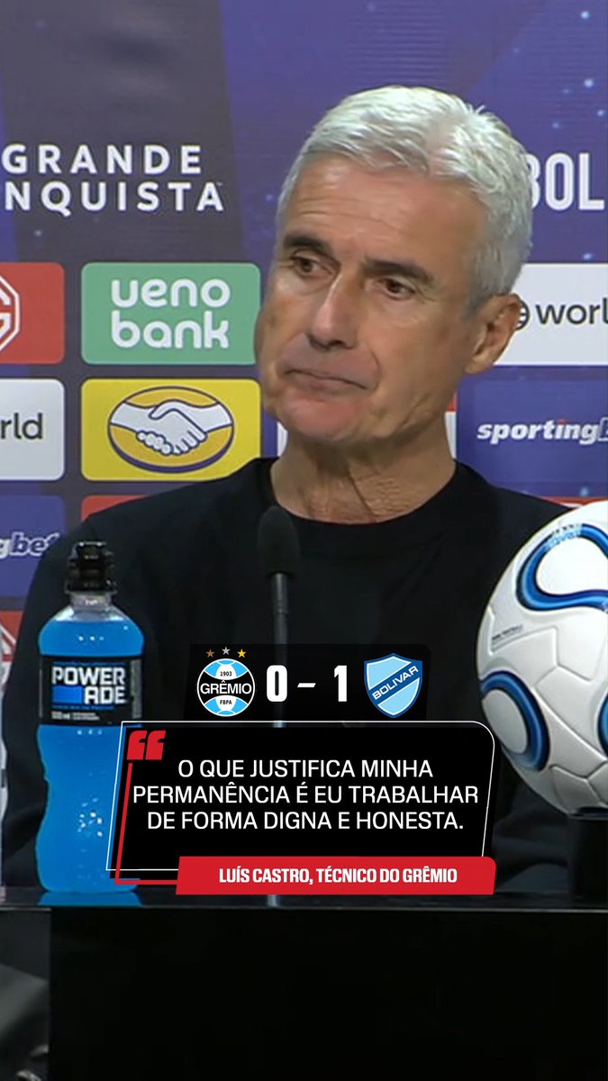 “O que justifica a minha permanência no Grêmio é eu trabalhar todos os dias de forma digna e honesta!” 🎙️ Luís Castro, após eliminação do Grêmio para o Bolívar nos playoffs da Sul-Americana. 🎥 ESPN Brasil | SportsCenter Brasil