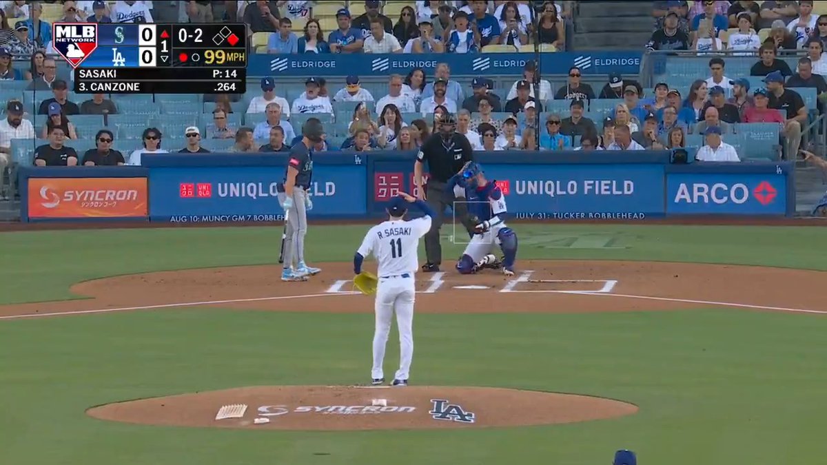 “Sasaki wants the challenge!” Roki Sasaki was successful with this first inning ABS challenge, striking out Dominic Canzone with a 99 MPH fastball! #MLBNShowcase presented by @Goodyear