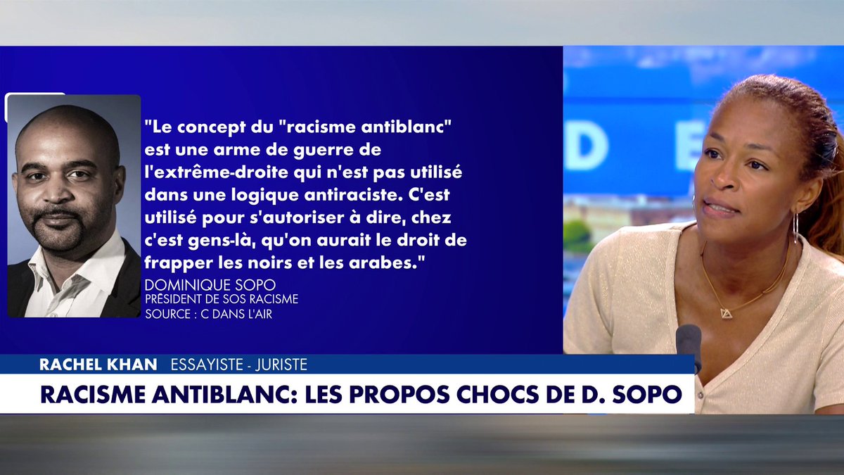 «Ce n'est pas à Dominique Sopo de juger ce qui est raciste ou non», déplore Rachel Khan, essayiste et juriste, dans #HDProsEte, alors que le président de SOS Racisme a qualifié le concept de racisme anti-blanc comme «une arme de guerre de l'extrême-droite».