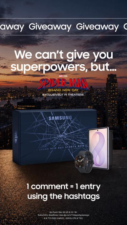 Brand new day, brand new giveaway. Get your hands on the Samsung x Spider-Man: Brand New Day Bundle today. 🕸️ #GalaxyAI See #SpiderManBrandNewDay exclusively in Theaters today! Spider-Man Movie Want to enter? ➡️ Like this post and reply with #GalaxyGiveaways #GalaxyZFold8 #GalaxyWatchUltra2 for your chance to win. 👌 Pro Tip: Copy and paste the hashtags to make sure your entry is counted. 🤭 Unlimited entries, so shoot your shot. No Purch Nec 50 US & DC 18+ Ends 11:59pm CT on 7/31 Rules/entry deadlines: